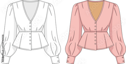 Fashion blouse design, peplum top illustration, puff sleeve garment, button-down shirt sketch, stylish women's wear, flat vector illustration