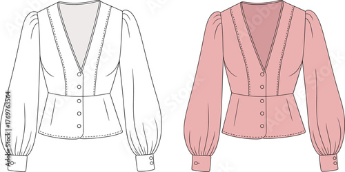 Fashion blouse design, puff sleeve top, deep V-neckline, button-down front, peplum waist, garment sketch, stylish clothing illustration