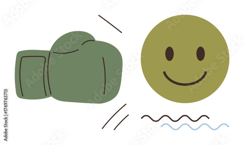 Boxing glove approaches smiling face with energetic motion lines and playful gestures. Ideal for conflict, humor, resilience, challenge, balance, emotions, motivation. A simple flat metaphor