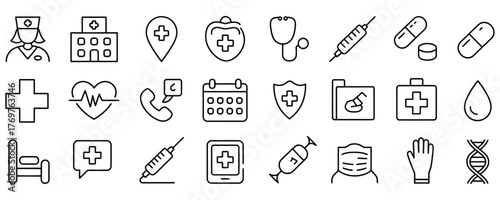 Modern healthcare icons perfect for medical website design, apps, and presentations featuring nurse, hospital, stethoscope, syringe and medical supplies