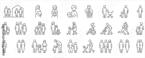Diverse family and people life stage icons for inclusive design and representation in modern projects needing simple, universal imagery