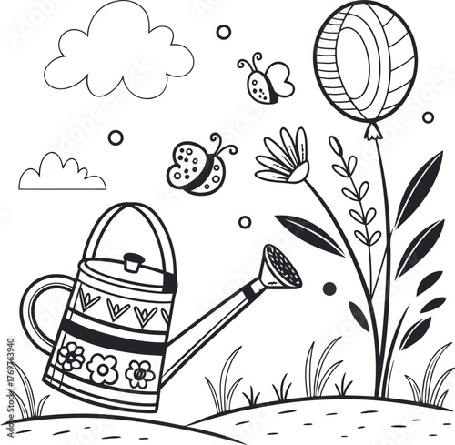 Vector set doodle drawing of garden watering can and flowers art