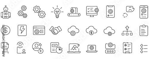 Streamlined process automation icons for modern tech solutions, showcasing innovation, efficiency, and cloud-based services in a clean, minimal style