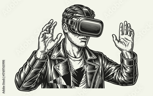 Young man in a leather jacket using a virtual reality headset in a vintage engraving style
