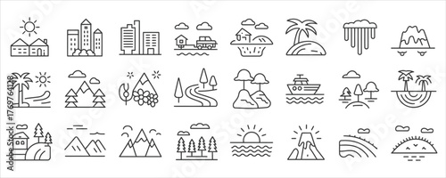 Diverse landscape and nature elements in a simple line art style for creative projects and modern minimalist designs requiring visual harmony