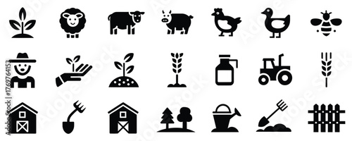 Explore this stunning set of black farm and agriculture icons perfect for your next project, featuring animals, crops, and tools in a modern design
