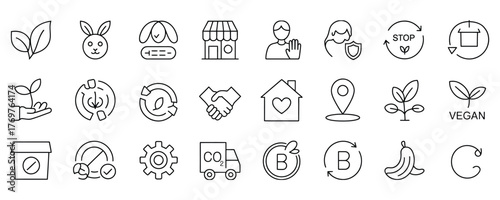 Explore a collection of modern line icons highlighting eco-friendly practices, vegan lifestyle, and sustainable solutions for a greener planet and ethical choices