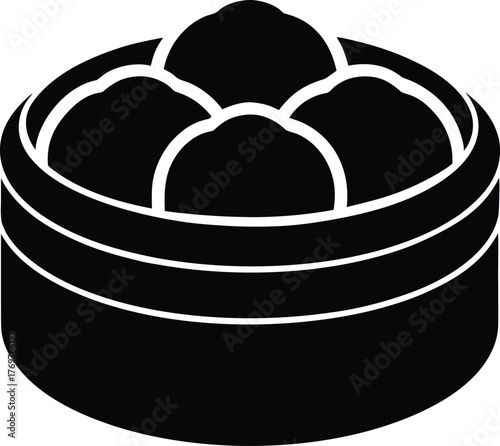 Black and white silhouette of a traditional japanese bamboo steamer basket filled with round buns or dumplings
