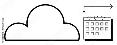 Cloud illustration connected to a calendar by an arrow. Ideal for data storage, scheduling, organization, productivity, cloud technology, time management, digital operations. Simple flat metaphor