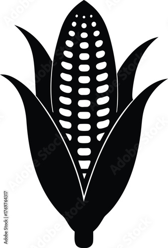 Stylized black silhouette of a ripe ear of corn with green husks against a white background