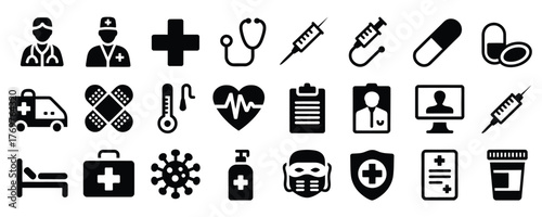 Healthcare icons for your medical designs and presentations featuring doctors, ambulance, pills, stethoscope, virus, and much more for modern projects