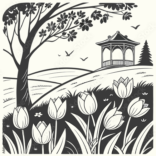 Vector illustration of a vibrant spring floral landscape with trees, perfect for a nature-themed card or decoration