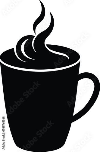 Simple black silhouette of a steaming cup of coffee or hot chocolate with whipped cream