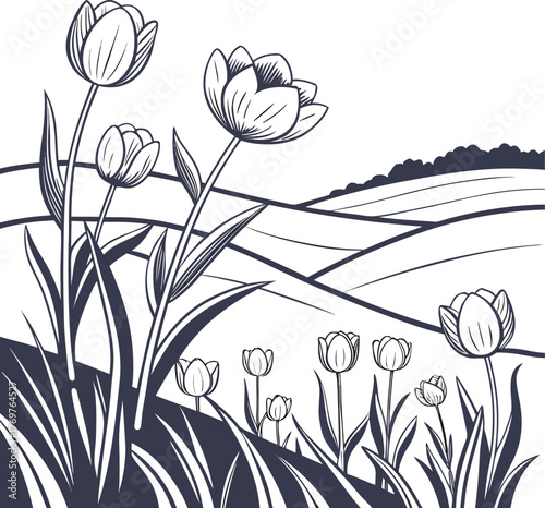 Vector floral background illustration with blooming pink tulips and green leaves, perfect for a spring nature design or card decoration