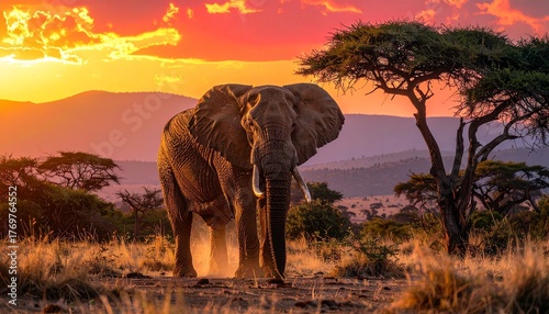 Powerful African Elephant of Kenya Trumpeting on Savanna at Sunset
