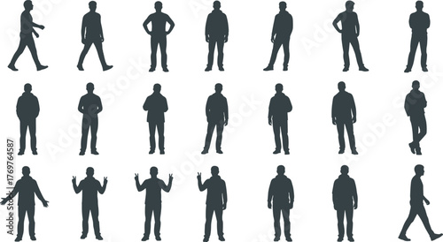 Silhouette people poses, walking standing gestures, human body language, casual stances, vector posture study, black figures, flat vector illustration