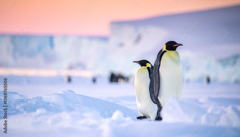 Fototapeta premium Majestic Emperor Penguin of Antarctica Marching on Ice Shelf at Twilight