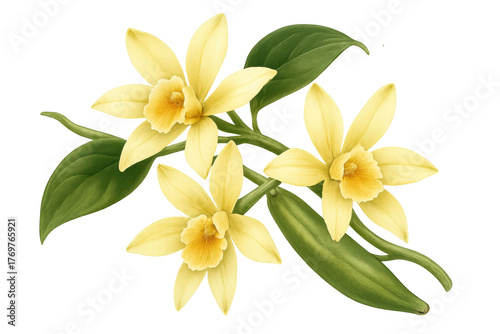 Vanilla orchid flowers with green leaves and pods, sweet spice ingredient for natural flavor illustration