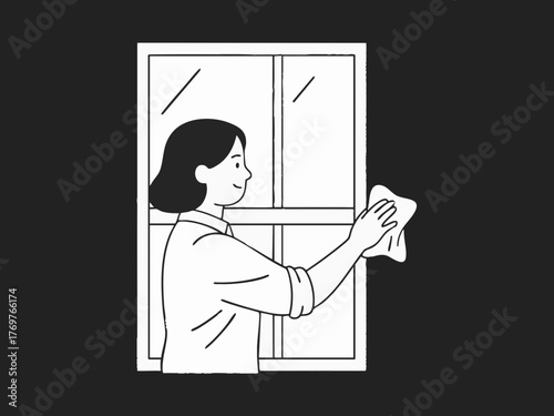 A simple line illustration of a woman cleaning. Deep cleaning. Wiping down surfaces. Housework. Housekeeping service.