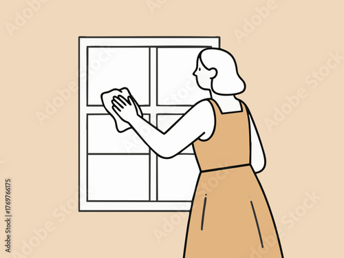 A simple line illustration of a woman cleaning. Deep cleaning. Wiping down surfaces. Housework. Housekeeping service.