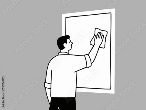 A simple line illustration of a man cleaning. Deep cleaning. Wiping down surfaces. Housework. Housekeeping service.