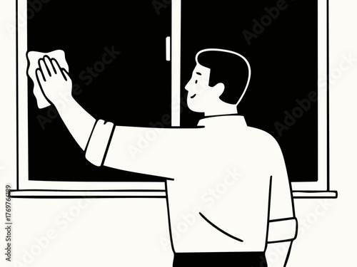 A simple line illustration of a man cleaning. Deep cleaning. Wiping down surfaces. Housework. Housekeeping service.