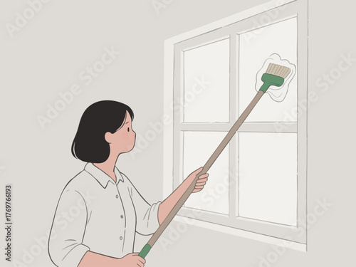 A simple line illustration of a woman cleaning. Deep cleaning. Wiping down surfaces. Housework. Housekeeping service.
