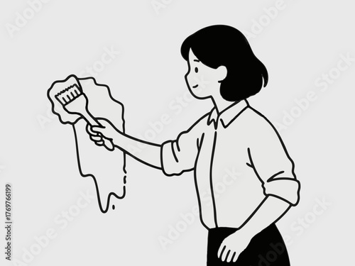 A simple line illustration of a woman cleaning. Deep cleaning. Wiping down surfaces. Housework. Housekeeping service.