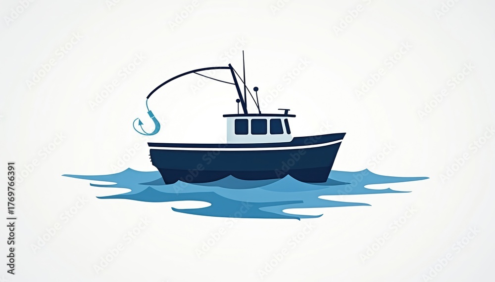 Naklejka premium Illustration of fishing boat at sea. Boat floats on water with a fishing hook. The sea waves are in the illustration. Concept of fishing industry and recreation.