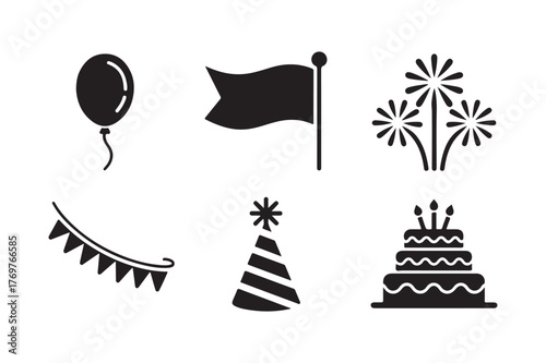 Party celebration icons balloon flag fireworks cake and banner
