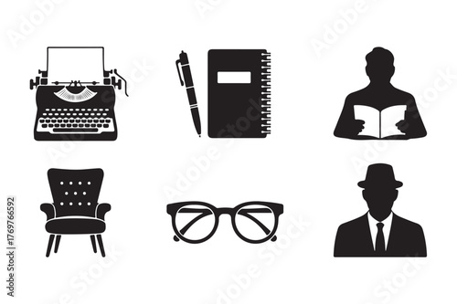 Vintage writing and reading icons silhouette collection