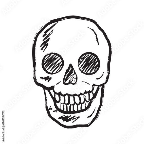 Skull design as a symbol of happy Halloween in black brush stroke texture isolated on white. Hand drawn vector sketch illustration in vintage charcoal ink. Skeleton, tattoo design, day of the dead.