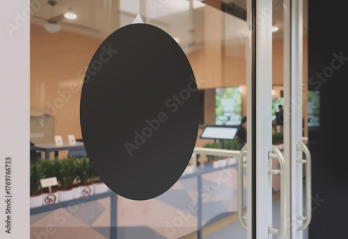 Blank transparent glass door with black sticker mockup, ai generated