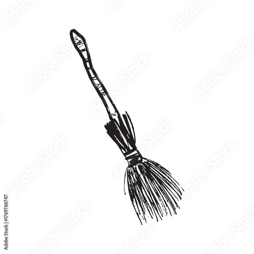 Witch broom magical equipment in black brush stroke texture isolated on white. Hand drawn vector sketch illustration in vintage charcoal ink. Happy Halloween, mystery accessory, witch craft.