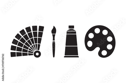 Art supplies icon set featuring color swatches brush paint tube and palette