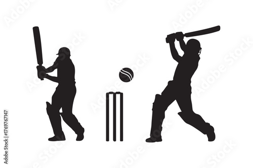 Cricket players batting silhouettes with wicket and ball