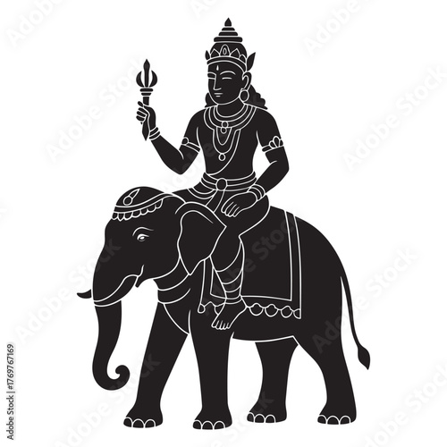 Lord Indra black silhouette vector, seated on elephant Airavata, holding thunderbolt, traditional Indian deity art illustration