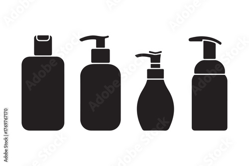 Set of four black silhouette pump bottles for cosmetics and hygiene products