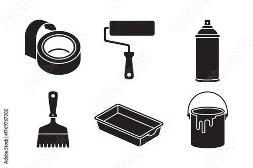 Collection of painting tools and supplies in silhouette