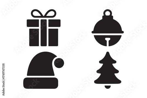 Four black christmas icons including gift box bell hat and tree