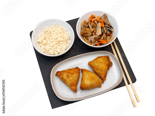 Asian meal with samosas, rice, mushrooms and bamboo isolated on transparent background, PNG