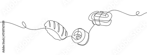 Japanese food illustration, three pieces of sushi, one continuous line, minimalist style, vector. Single continuous line art style stroke can be edited.