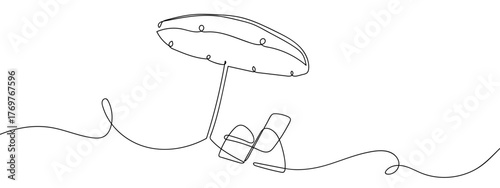 Beach umbrella and beach chair summer one continuous line minimalist style vector Single continuous line art style stroke can be edited.