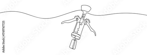 Wine bottle opener with cork, one continuous line, minimalist style, vector. Single continuous line art style stroke can be edited.