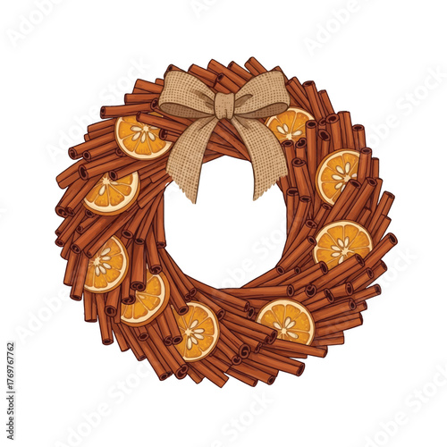 Festive cinnamon stick wreath with dried orange slices and burlap bow offers warm, rustic charm and delightful aroma for autumn and winter decorations