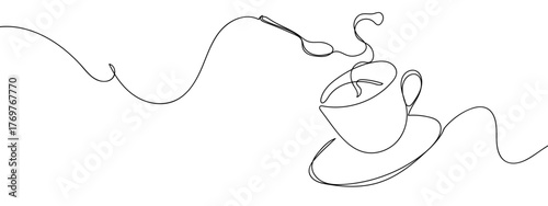 Spoon and coffee cup floating in the air, one continuous line minimalist style vector Single continuous line art style stroke can be edited.