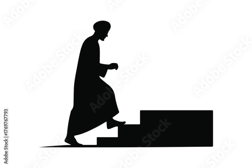 Silhouette of a person in traditional clothing climbing stairs