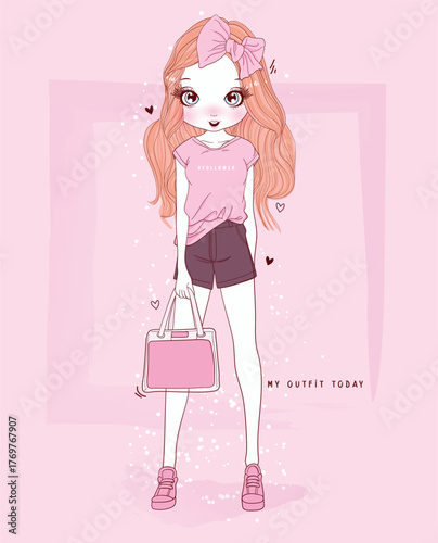A girl flaunts a stylish pink outfit with a matching handbag, reflecting contemporary fashion trends and the joy of self-expression in a bright, cheerful manner.