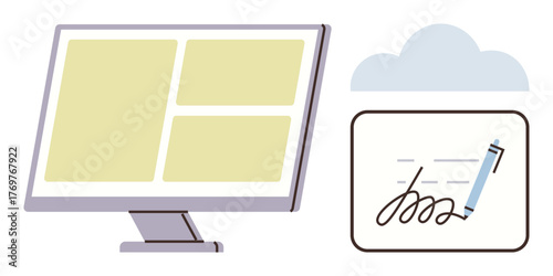 Desktop monitor with organized layout, cloud icon, and digital signature pad with stylus pen. Ideal for technology, productivity, organization, cloud storage, e-signatures, remote work paperless