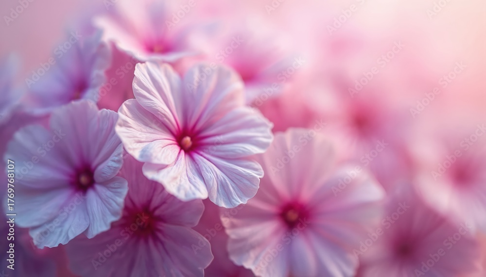 Fototapeta premium Delicate pink, purple flowers bloom with soft pastel background. Gentle light illuminates petals. Beautiful spring nature scene creates serene atmosphere. Perfect for greeting cards, celebrations,